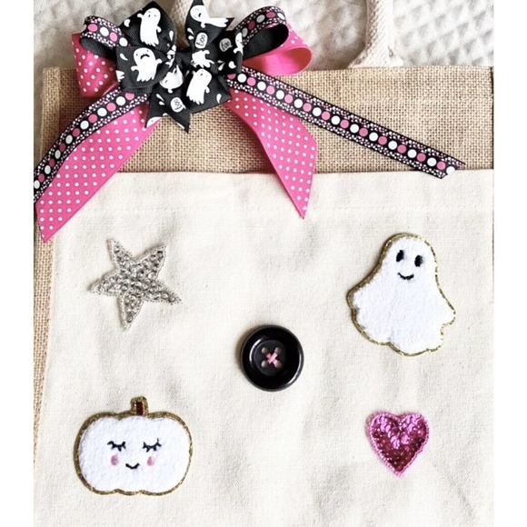 New Ghost Pumpkin Star Halloween Natural Jute Bag Tote Purse w/ Bow - Picture 2 of 10